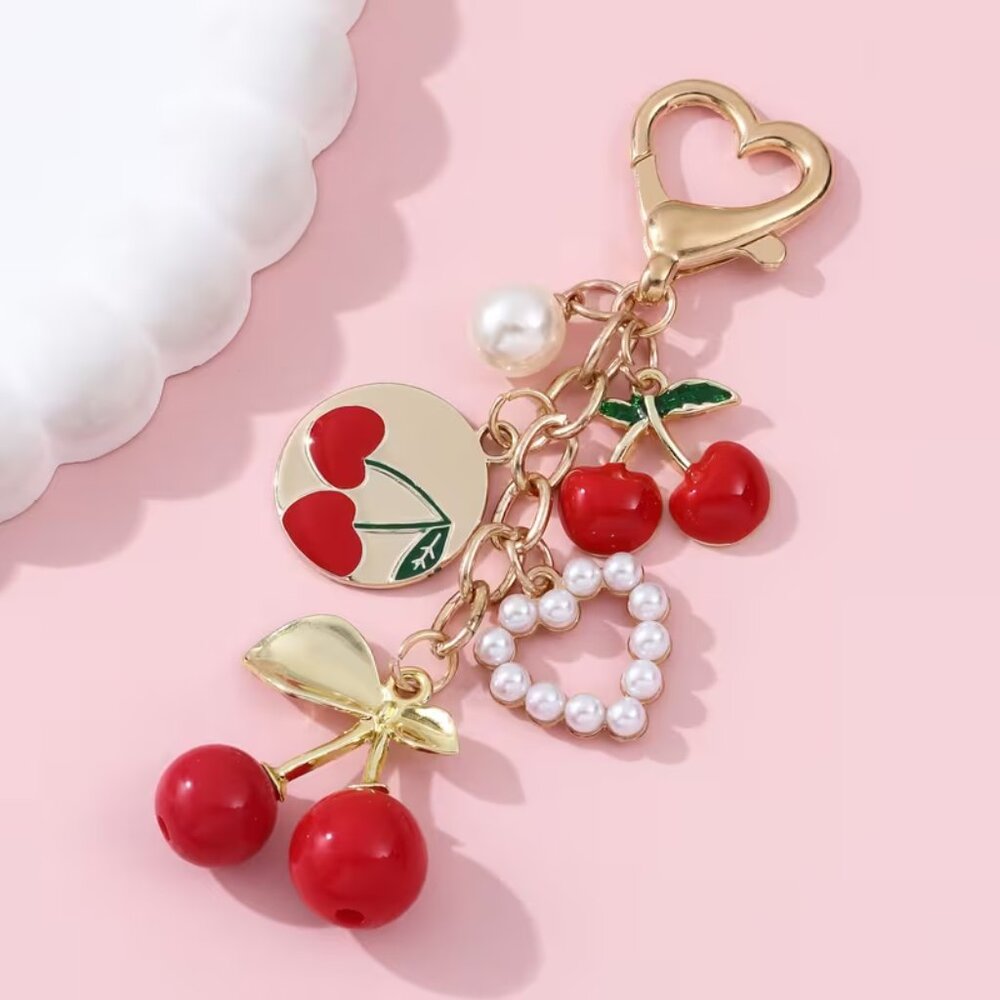 “Cherries & Pearls” Purse Charm Keychain Key Fob (BRAND-NEW & SUPER CUTE!)